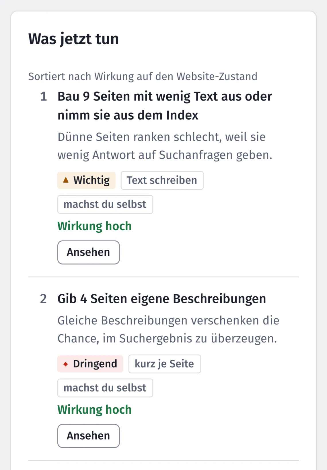 Liste „Was jetzt tun“ mit Aufgaben, Wirkung und wer sie erledigt