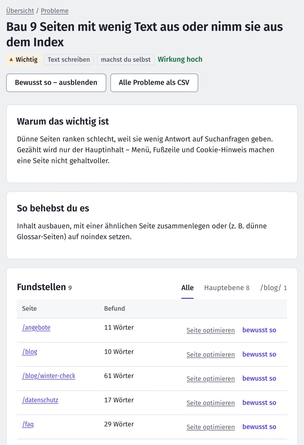 Problemseite „Bau 9 Seiten mit wenig Text aus“ mit Erklärung, Anleitung und den ersten betroffenen Seiten
