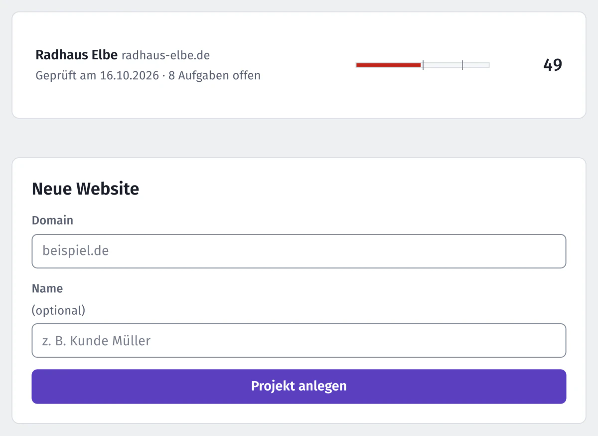 Projektliste mit der Demo-Website und ihrem Website-Zustand, darunter das Formular „Neue Website“