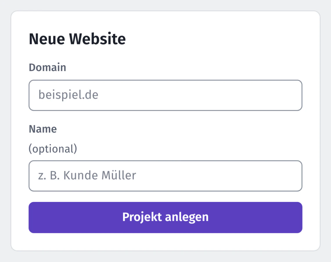 Formular „Neue Website“ in Nextfix