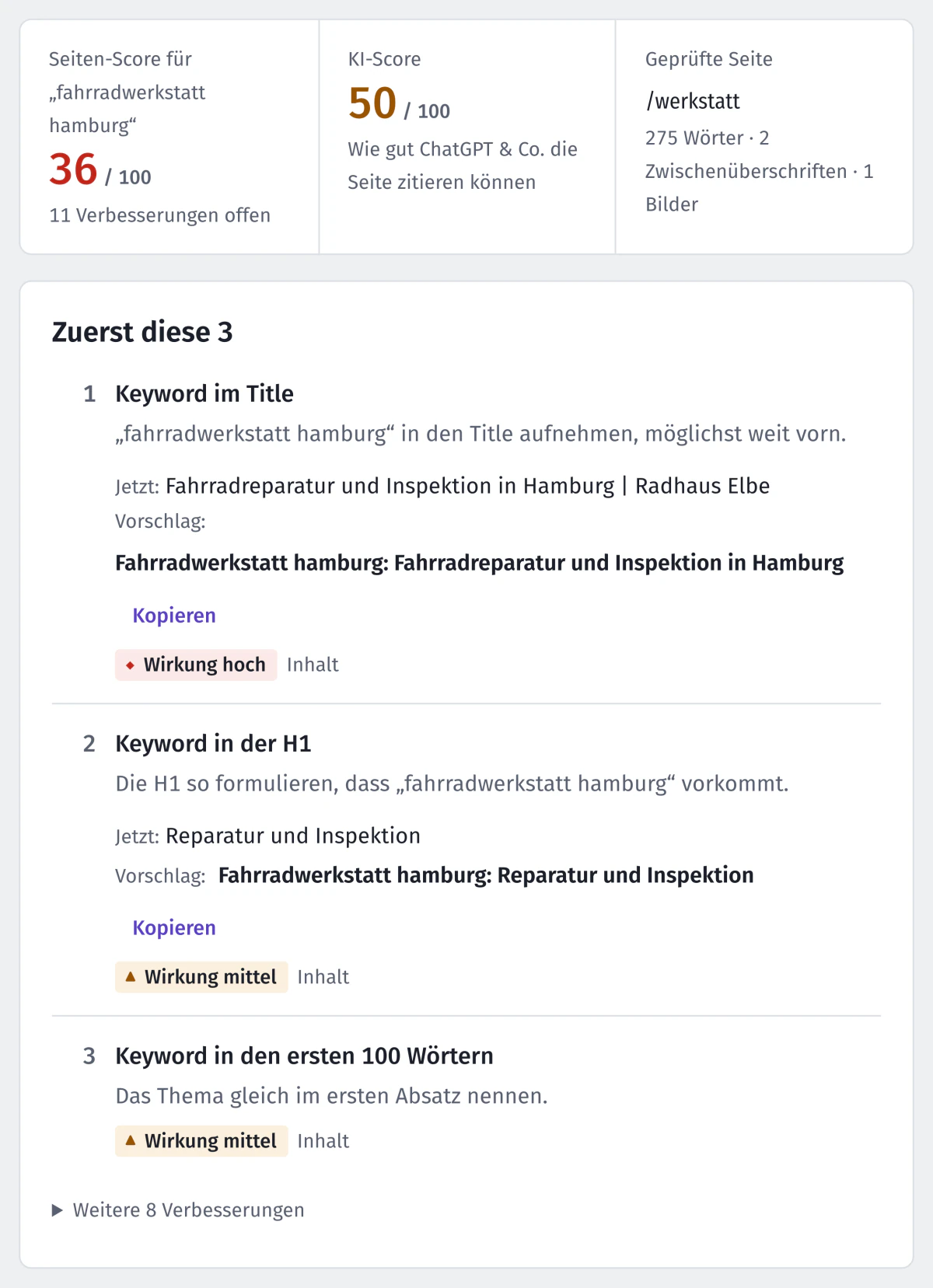 Seite optimieren: Seiten-Score 36, KI-Score 50, Vorschlag für einen Seitentitel mit dem Suchbegriff vorn