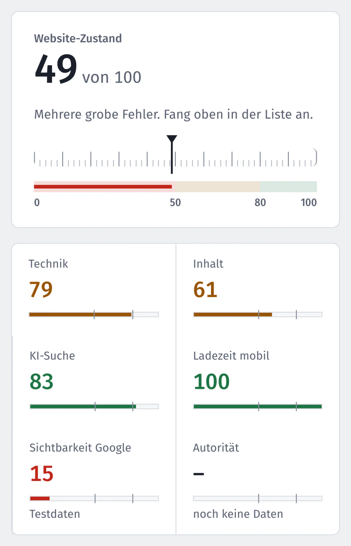 Website-Zustand 49 von 100 mit Skala und Teilnoten