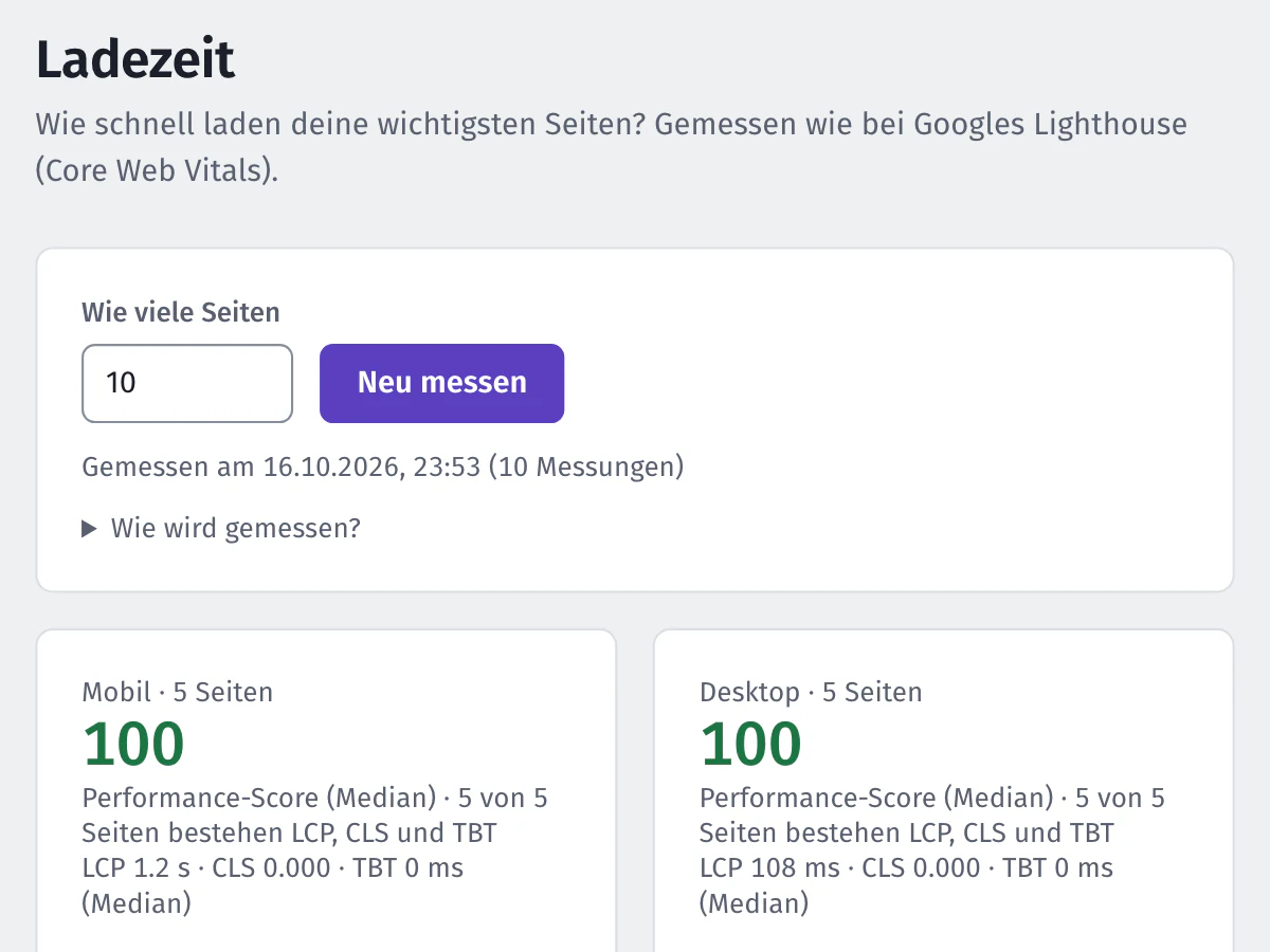 Ladezeit der Demo-Website: mobil 100 und Desktop 100, je fünf Seiten gemessen