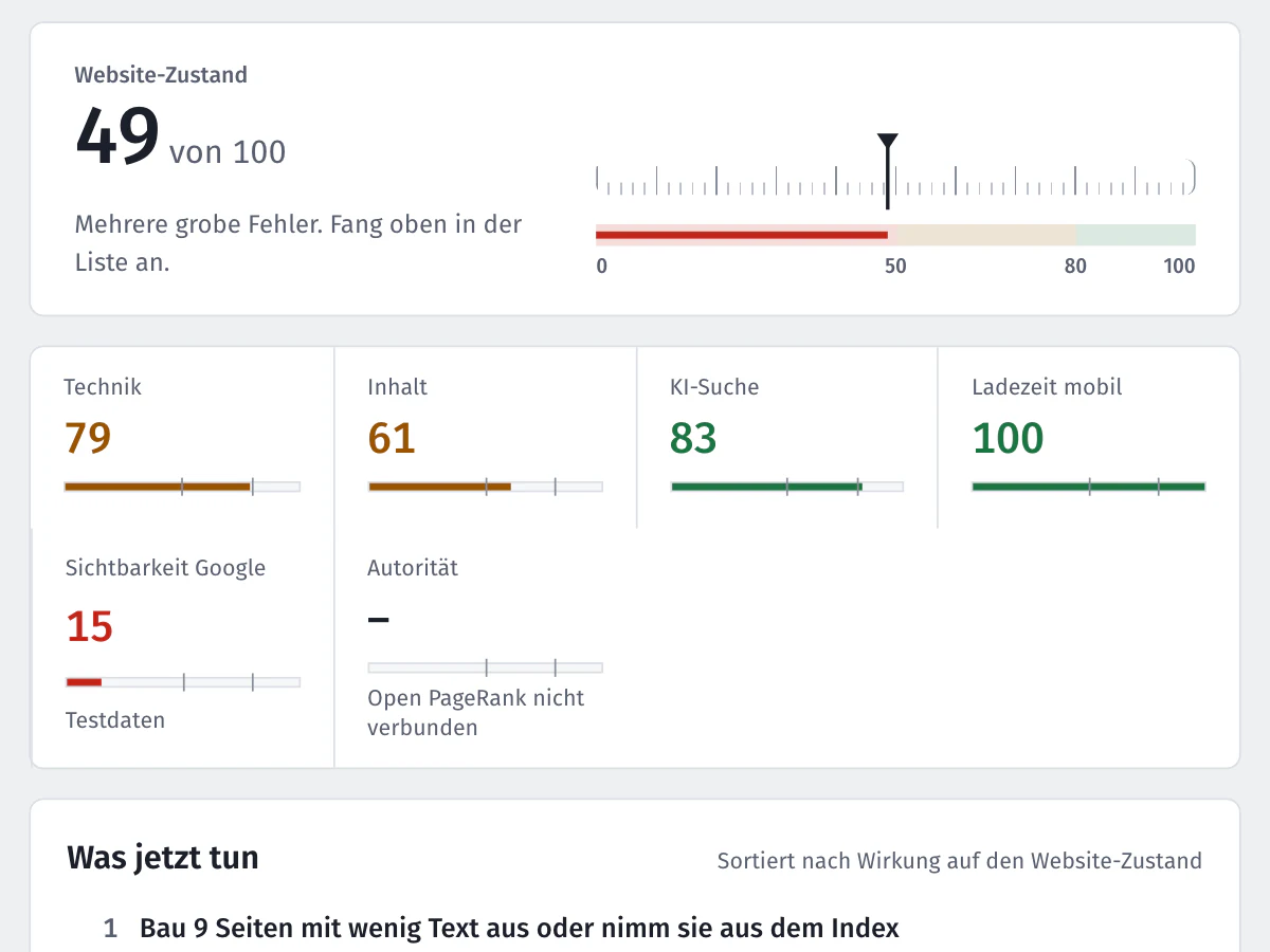 Website-Zustand 49 von 100 mit Teilnoten für Technik, Inhalt, KI-Suche und Ladezeit